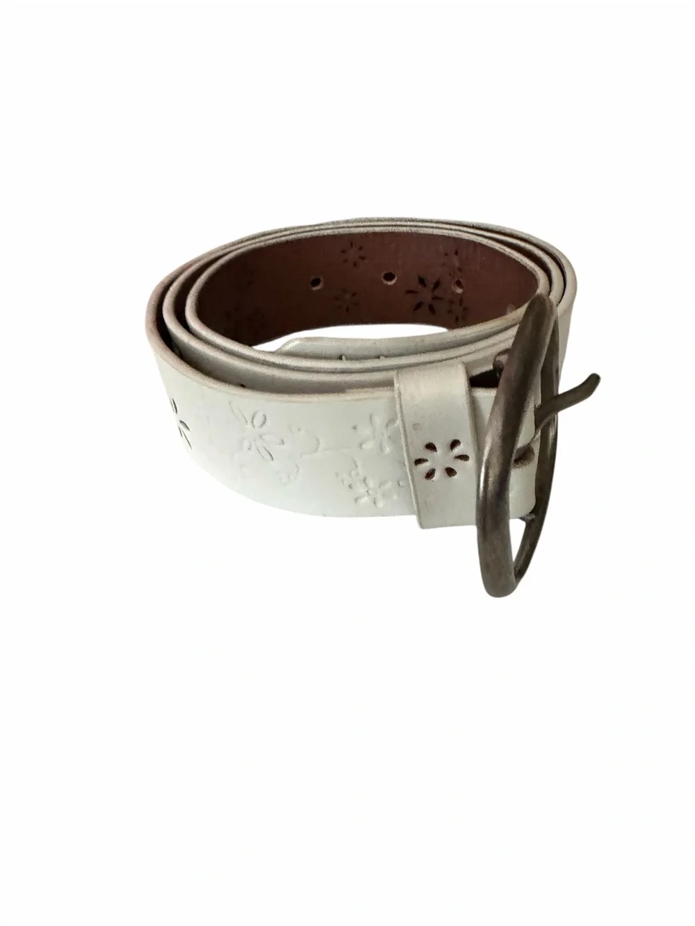 White Boho Floral Cutout Leather Belt Antique Silver Buckle Women's Medium